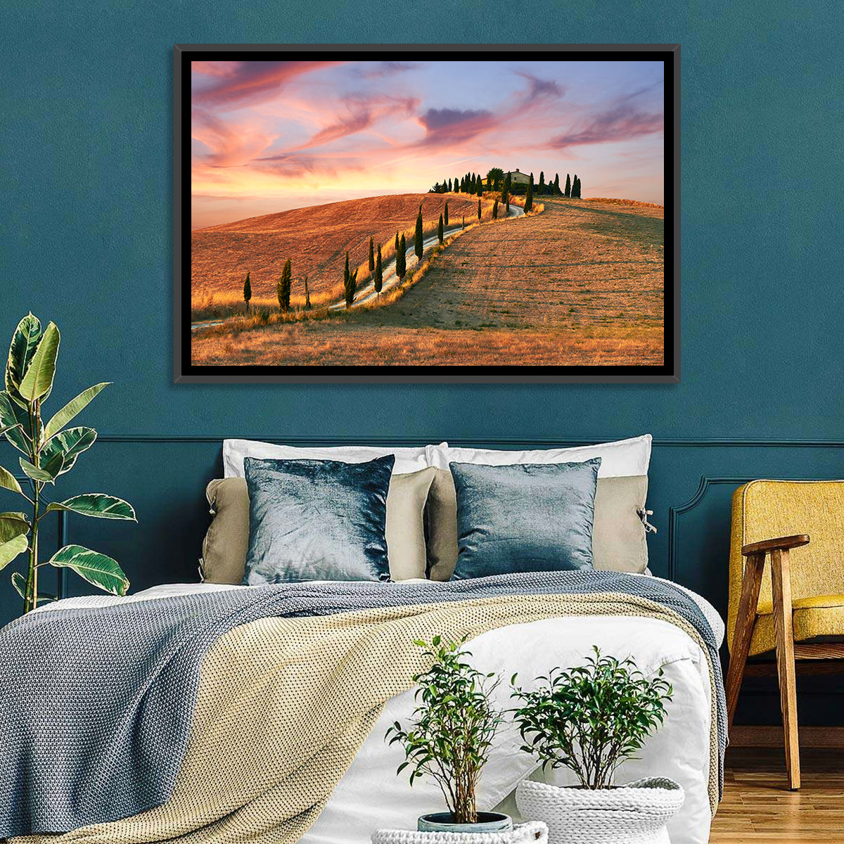Tuscan Hilltop Road at Dusk Wall Art in a room, landscape
