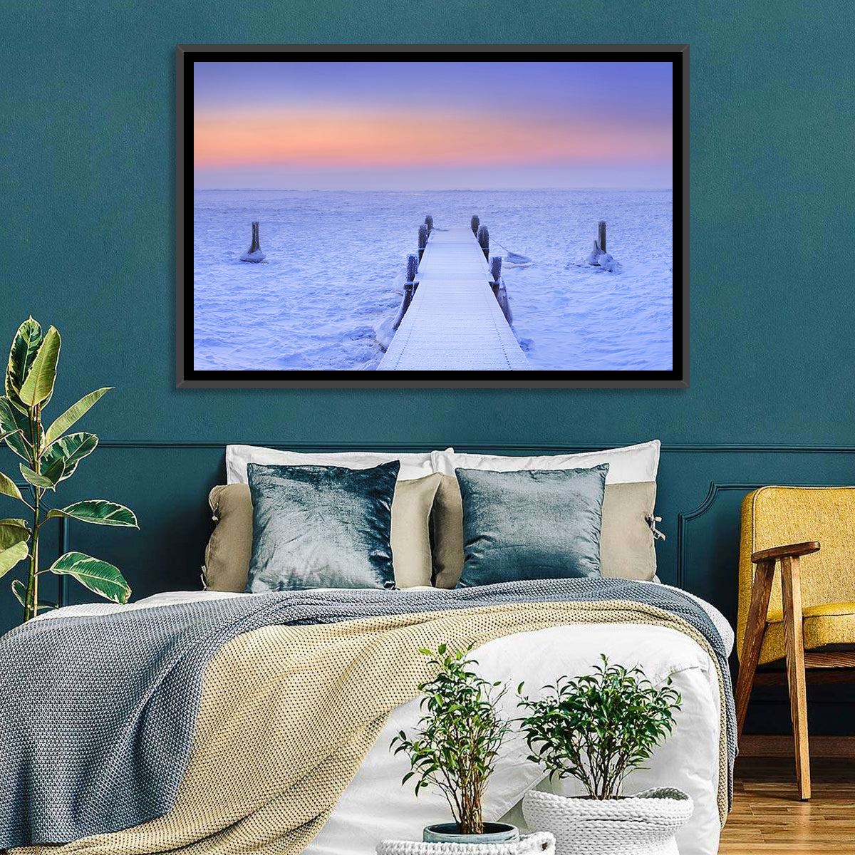 Frosted Jetty at Sunrise Wall Art in a room, landscape