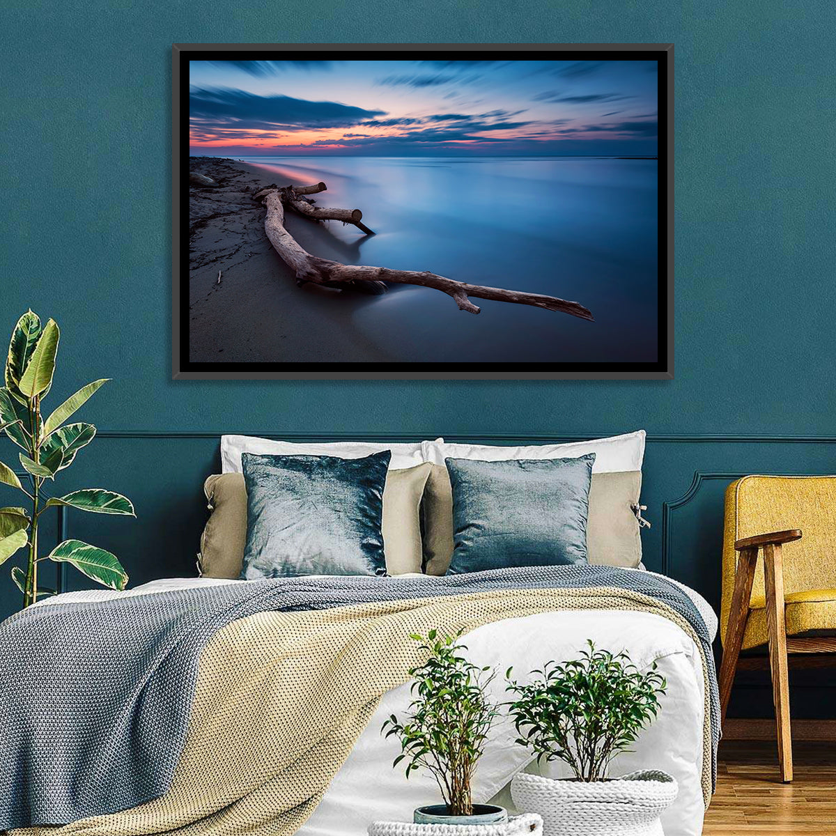 Calm Seascape at Dusk Wall Art in a room, landscape