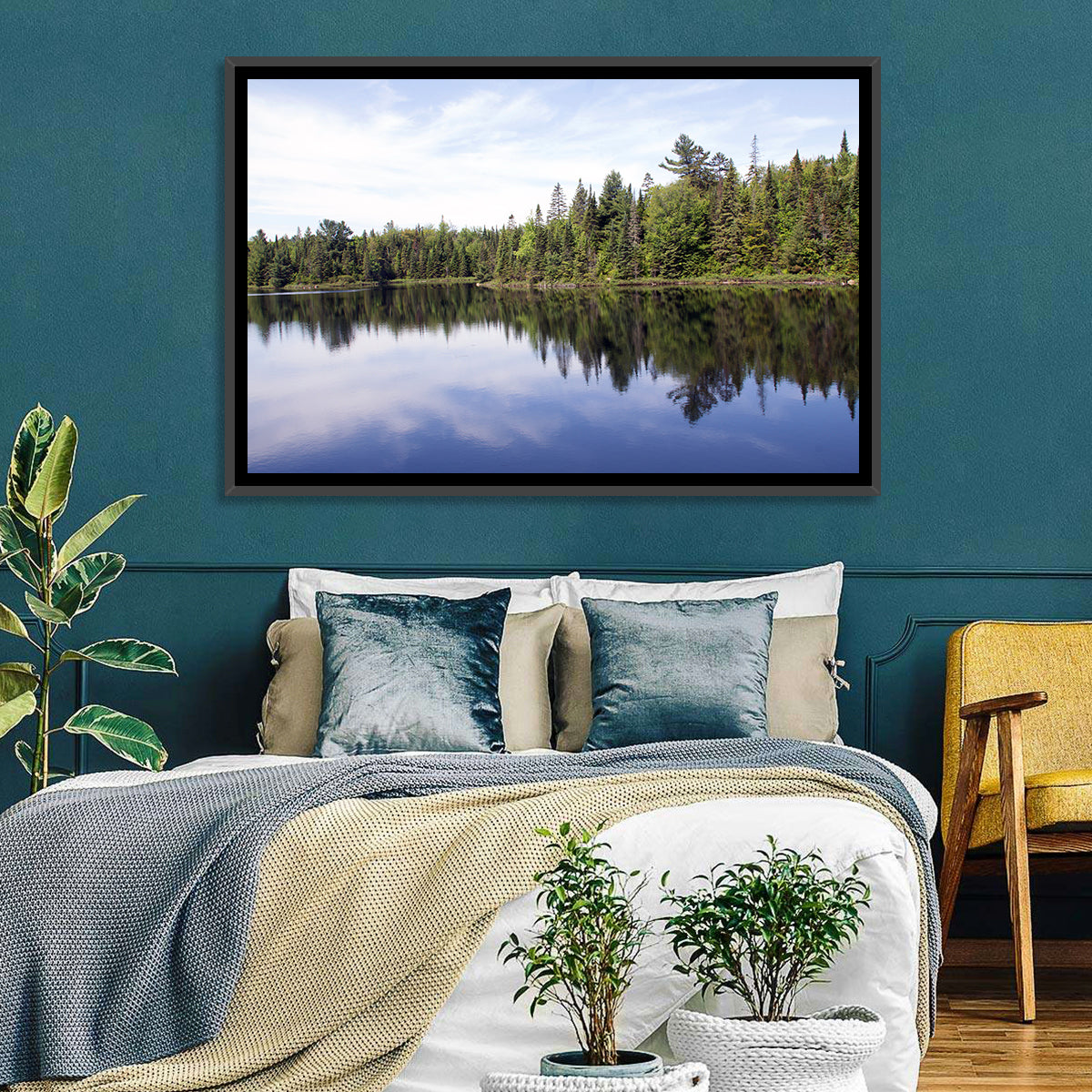 Peck Lake Shoreline Reflection Wall Art in a room, landscape
