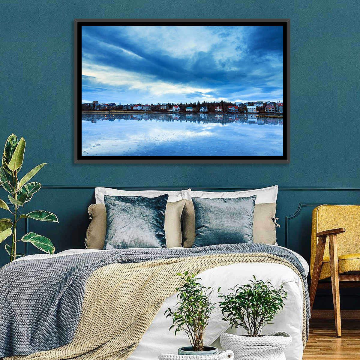 Tjornin at Twilight Reykjavik Wall Art in a room, landscape