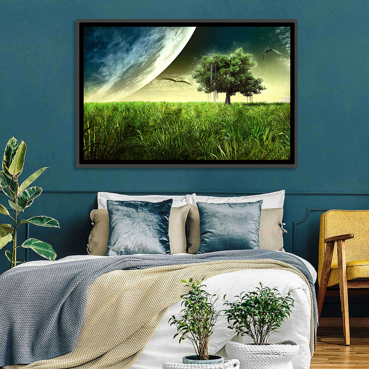 Alien Meadow Under a Giant Planet Wall Art in a room, landscape