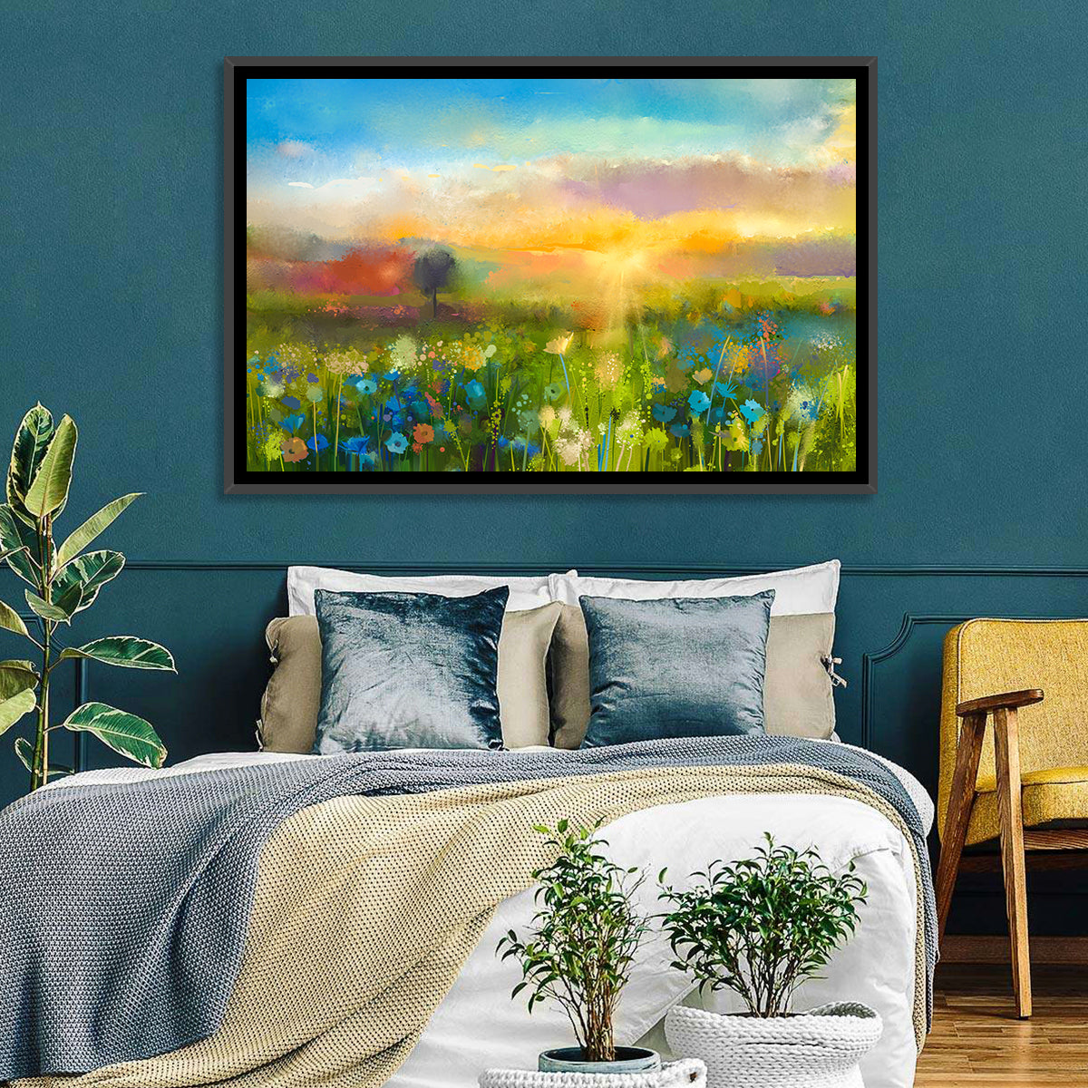 Sunset Wildflower Meadow Wall Art in a room, landscape