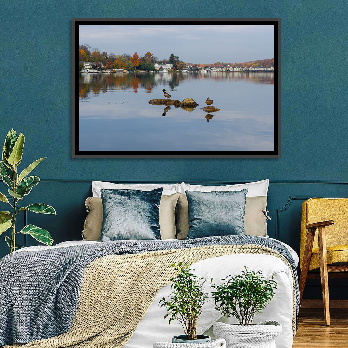 Lake Hopatcong Autumn Reflection Wall Art in a room, landscape