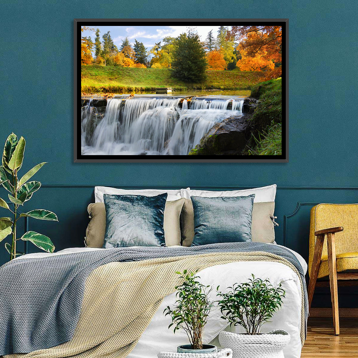 Autumn Forest Waterfall Wall Art in a room, landscape