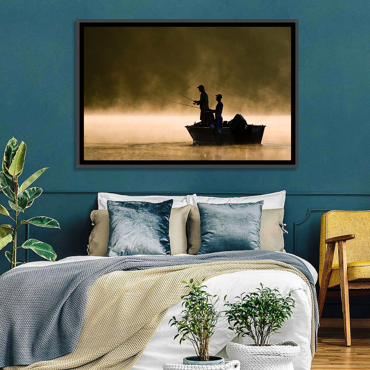 Misty Lake Fishing Wall Art in a room, landscape