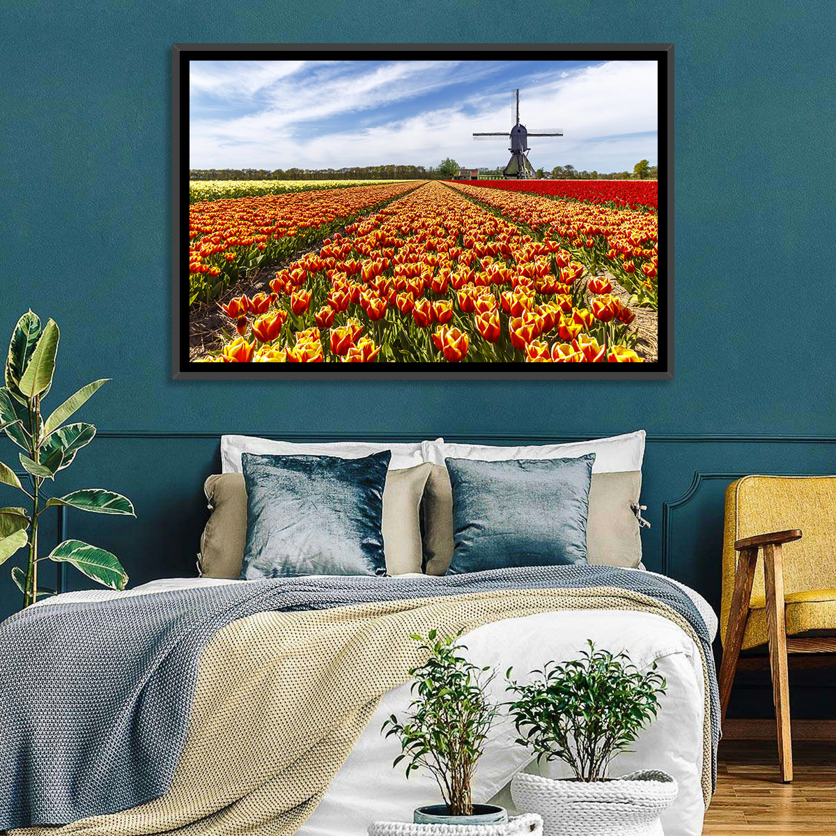 Windmill Over Tulip Fields Wall Art in a room, landscape