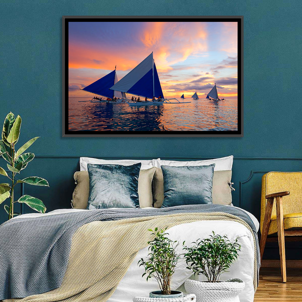 Outrigger Sailboats at Sunset Wall Art