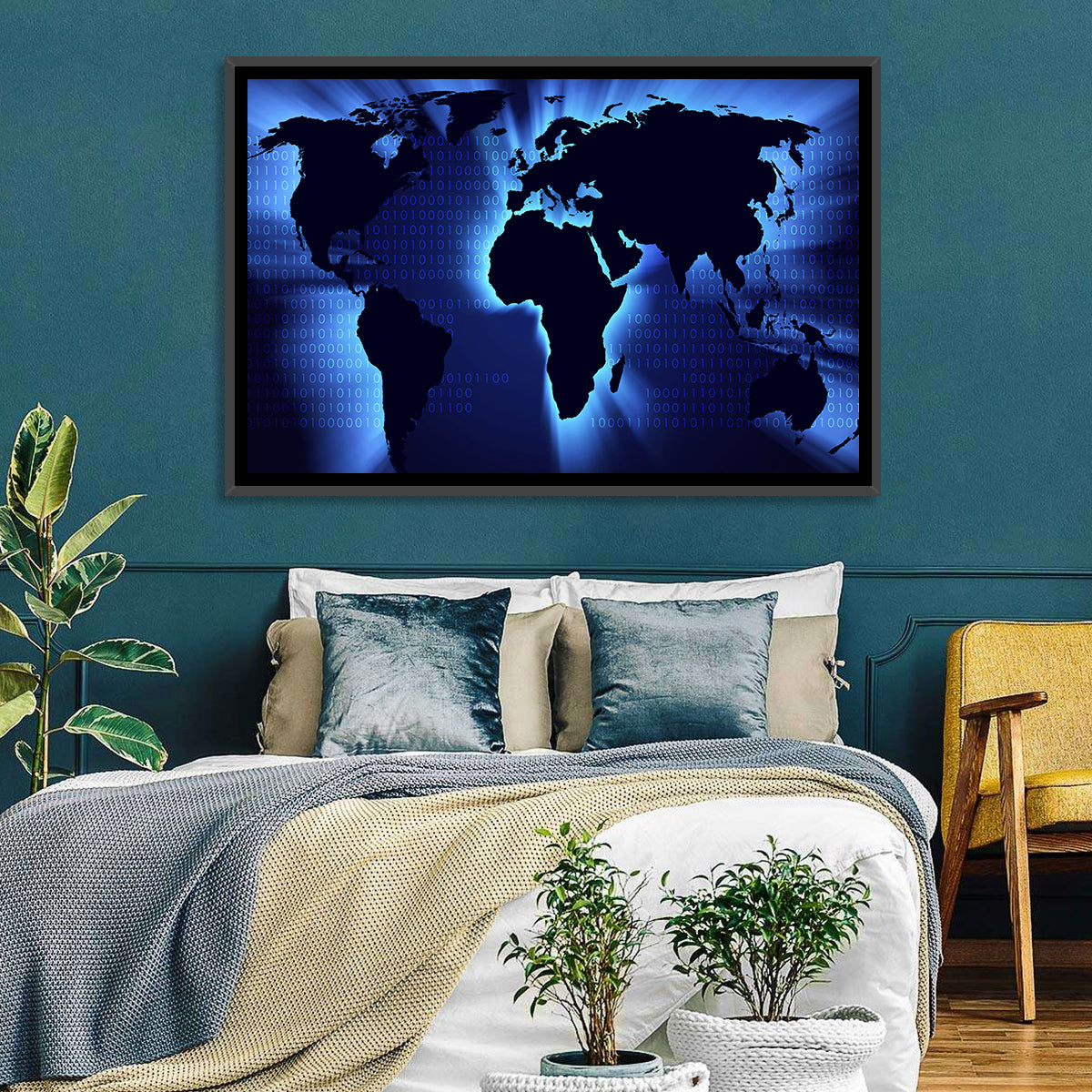 Glowing Digital World Map Wall Art