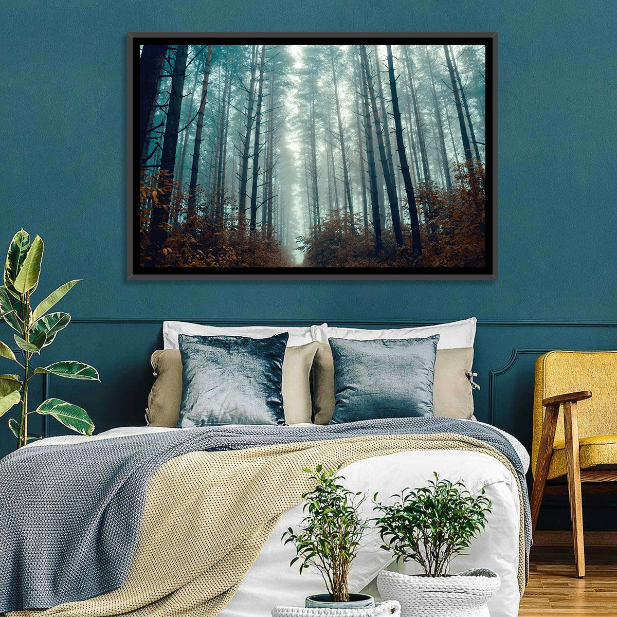 Misty Pine Forest Wall Art in a room, landscape