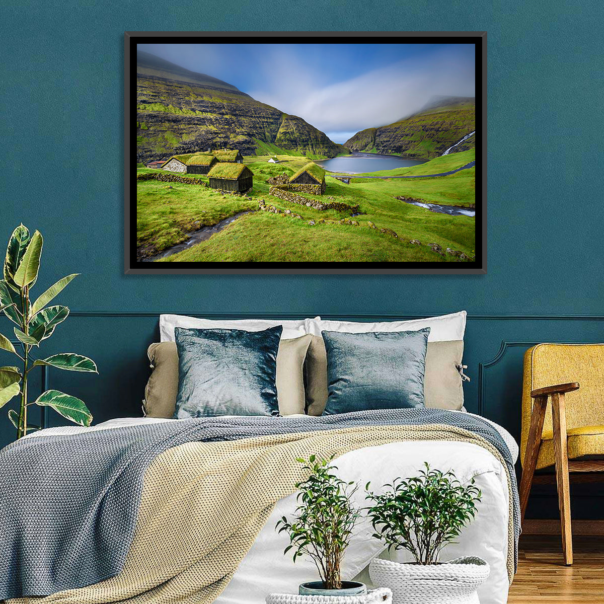 Saksun Turf Roof Cabins Wall Art in a room, landscape