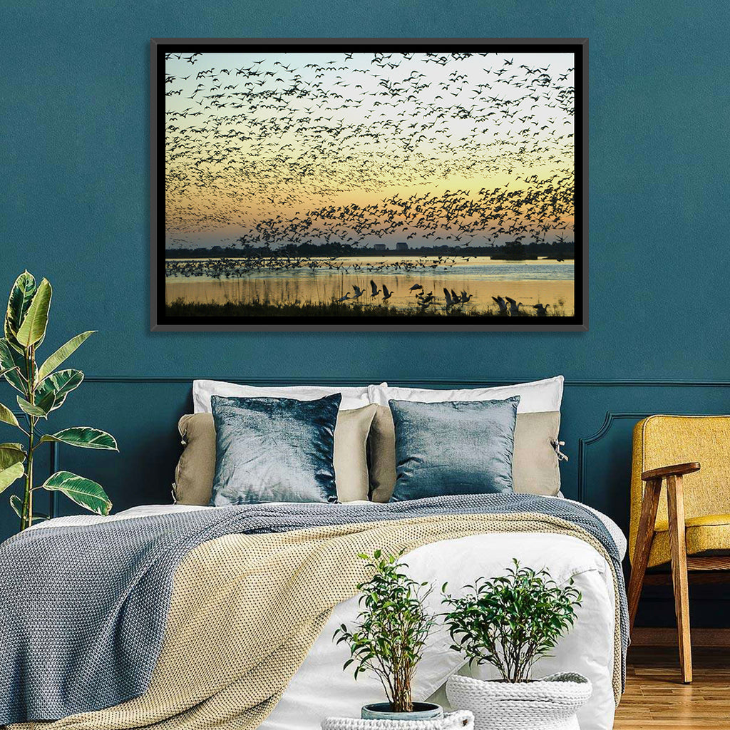Snow Geese Over River Wall Art