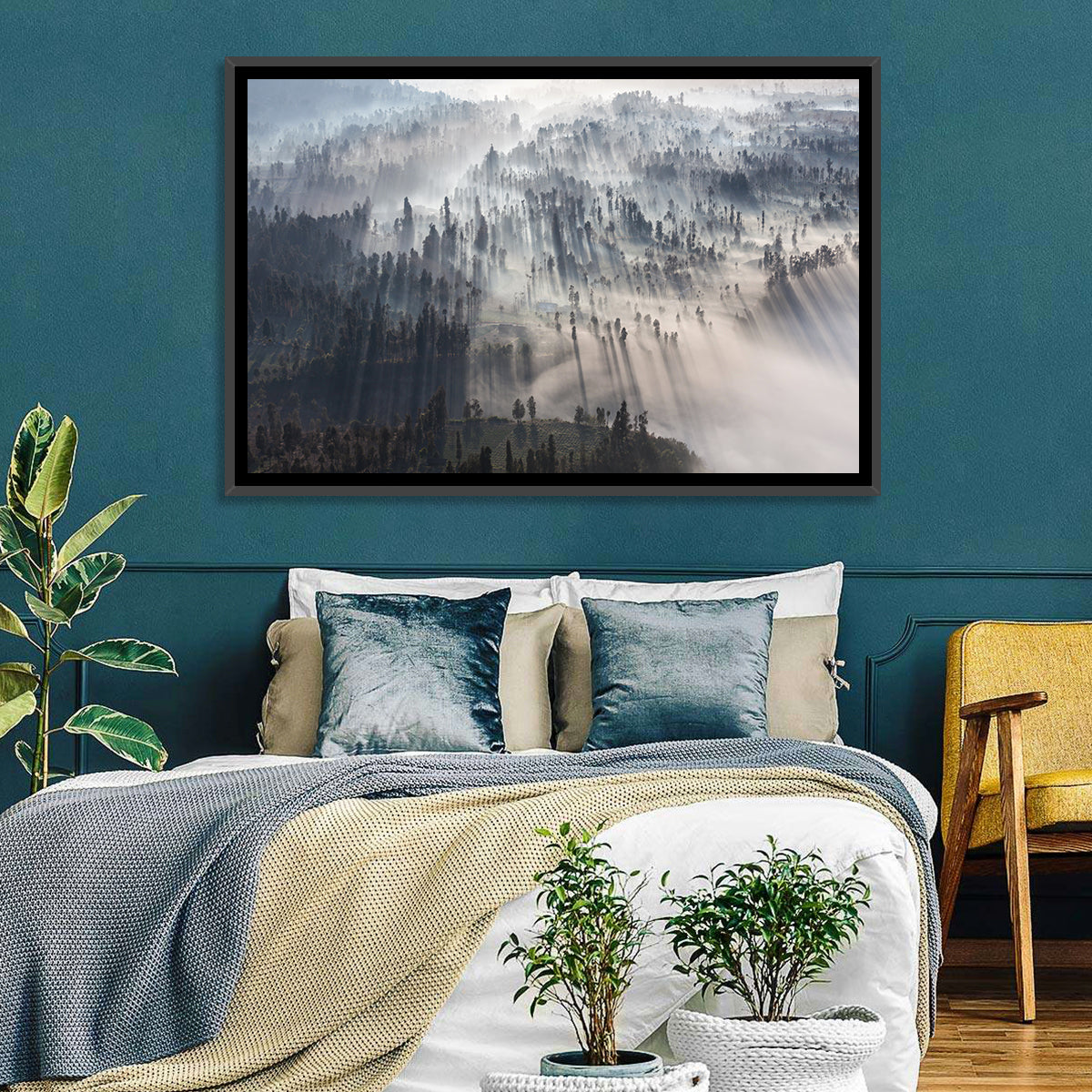 Misty Forest Sunrise Wall Art in a room, landscape