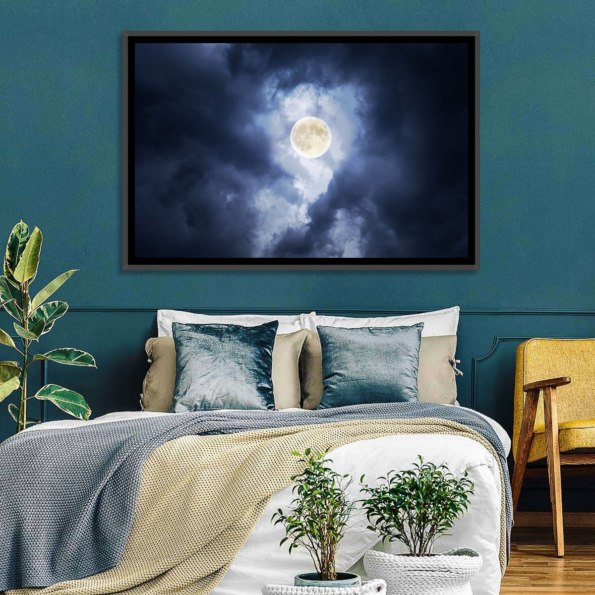 Supermoon Through Storm Clouds Wall Art in a room, landscape