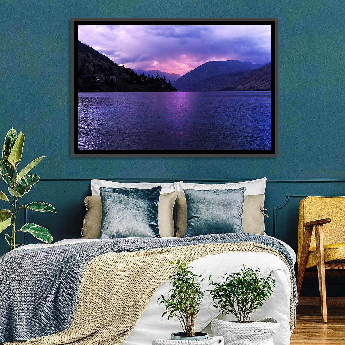Lake Chelan Violet Sunset Wall Art in a room, landscape