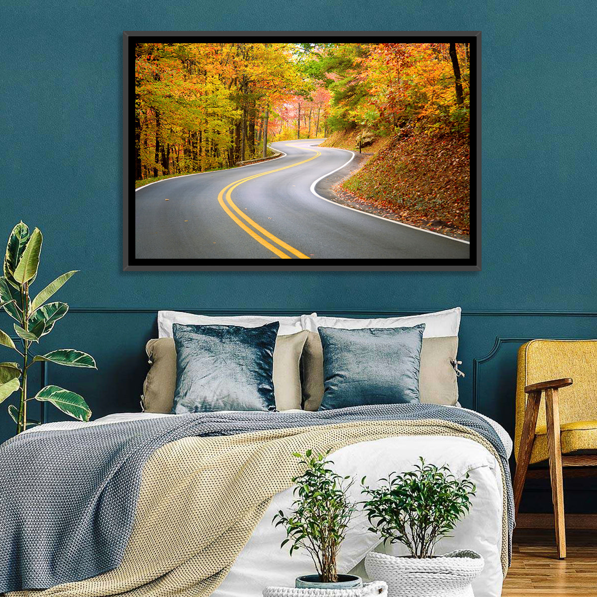 Winding Autumn Road Wall Art in a room, landscape