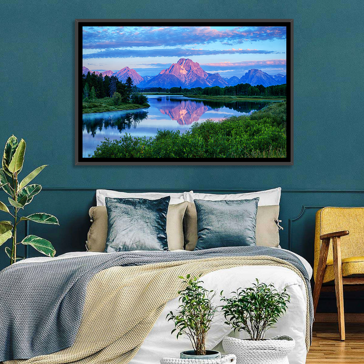 Oxbow Bend Dawn Reflection Wall Art in a room, landscape