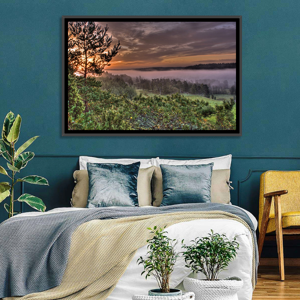 Misty Swedish Pine Valley Wall Art in a room, landscape