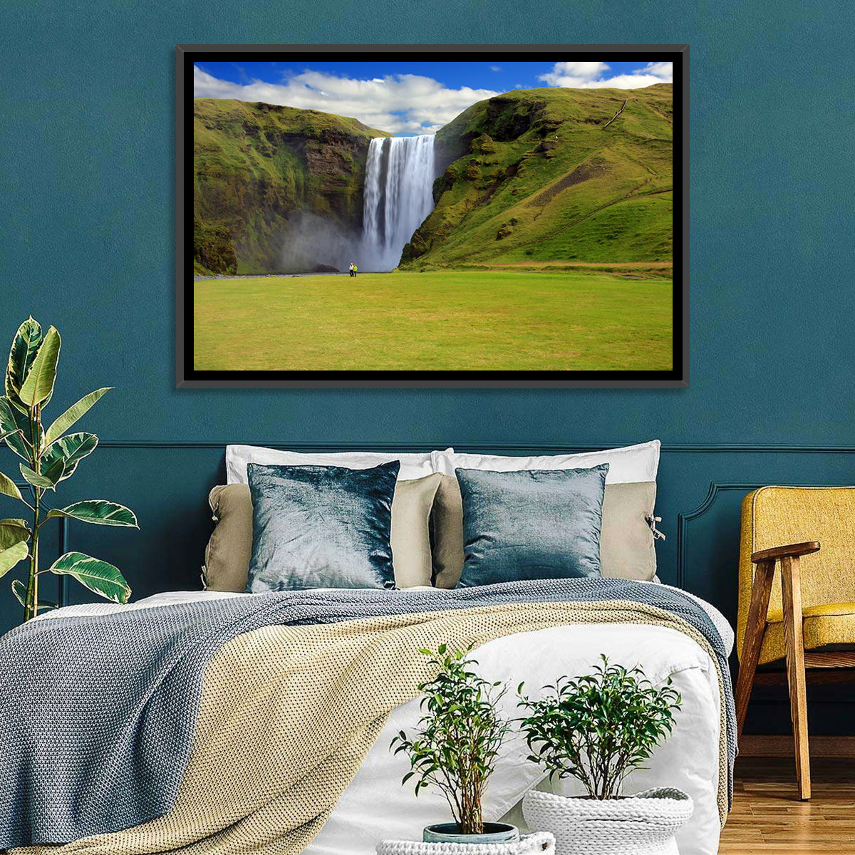 Skógafoss Waterfall Wall Art in a room, landscape
