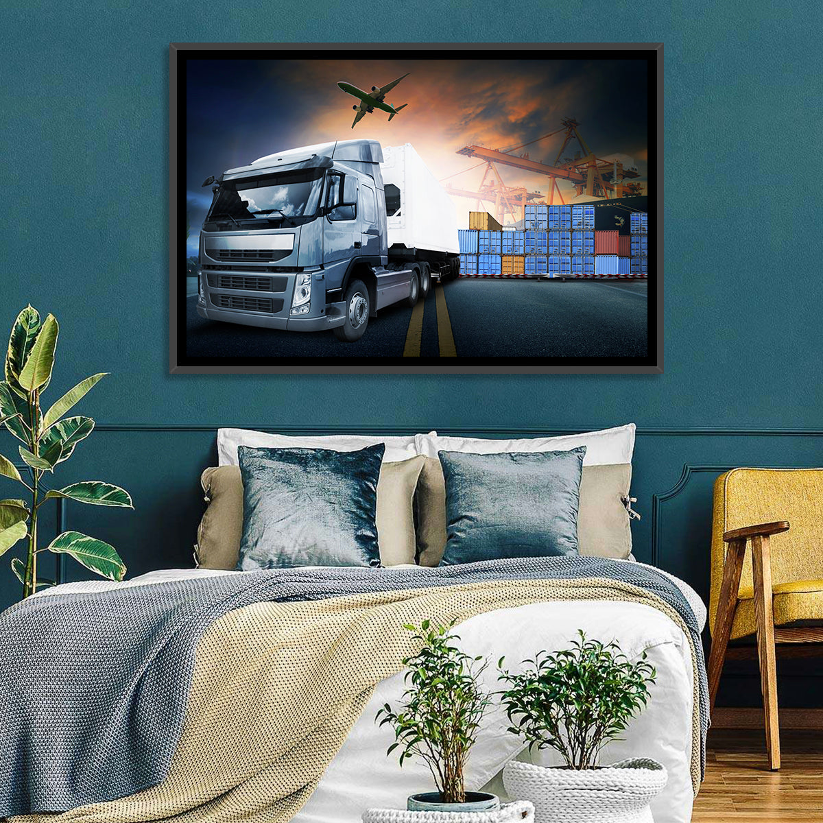 Sunset Freight Terminal Truck Scene Wall Art in a room, landscape