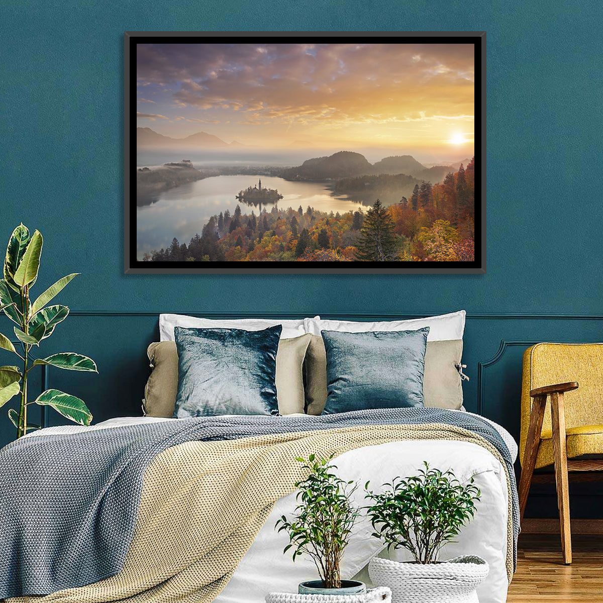 Autumn Morning at Lake Bled Wall Art in a room, landscape