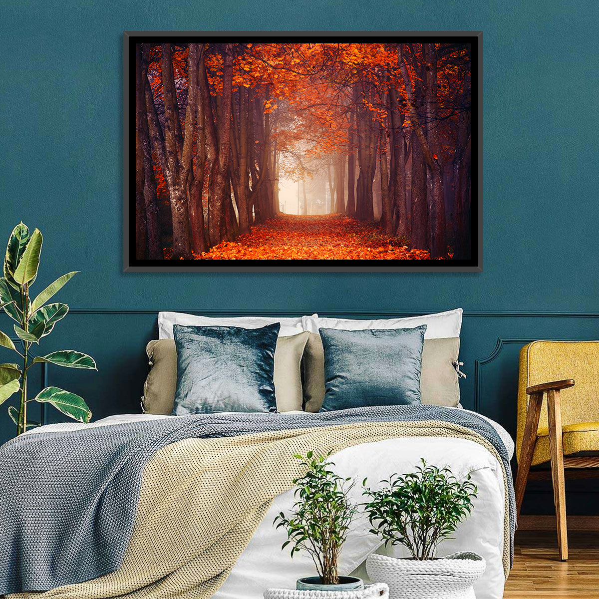 Misty Autumn Forest Path Wall Art in a room, landscape