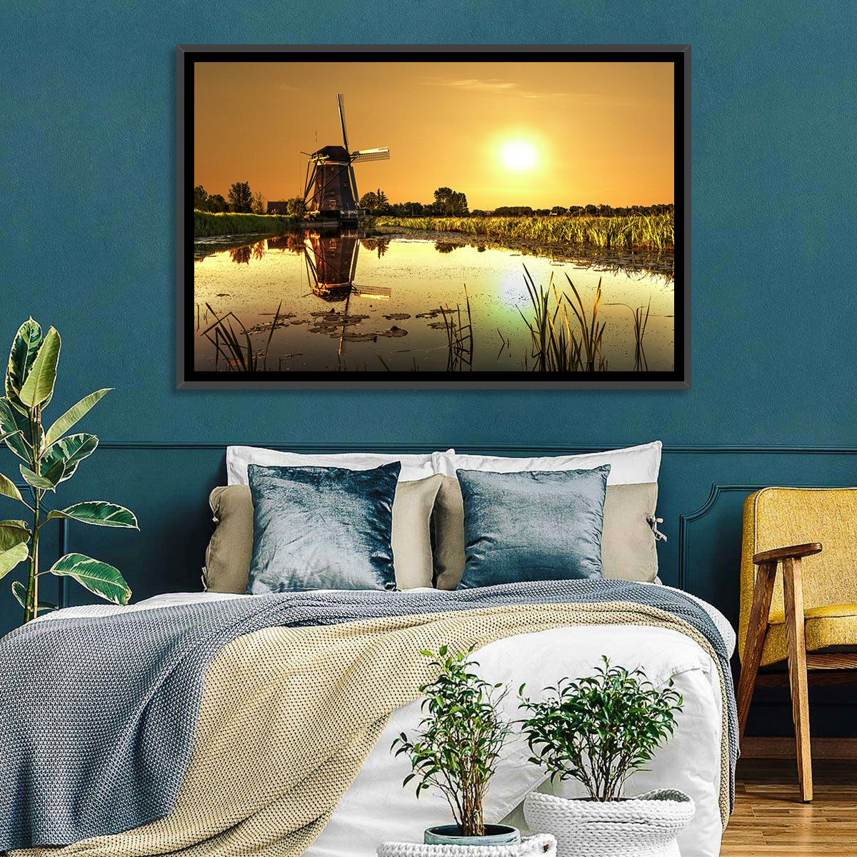 Dutch Windmill at Golden Hour Wall Art in a room, landscape