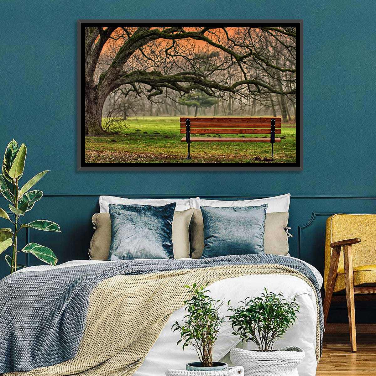 Misty Autumn Park Bench Wall Art in a room, landscape