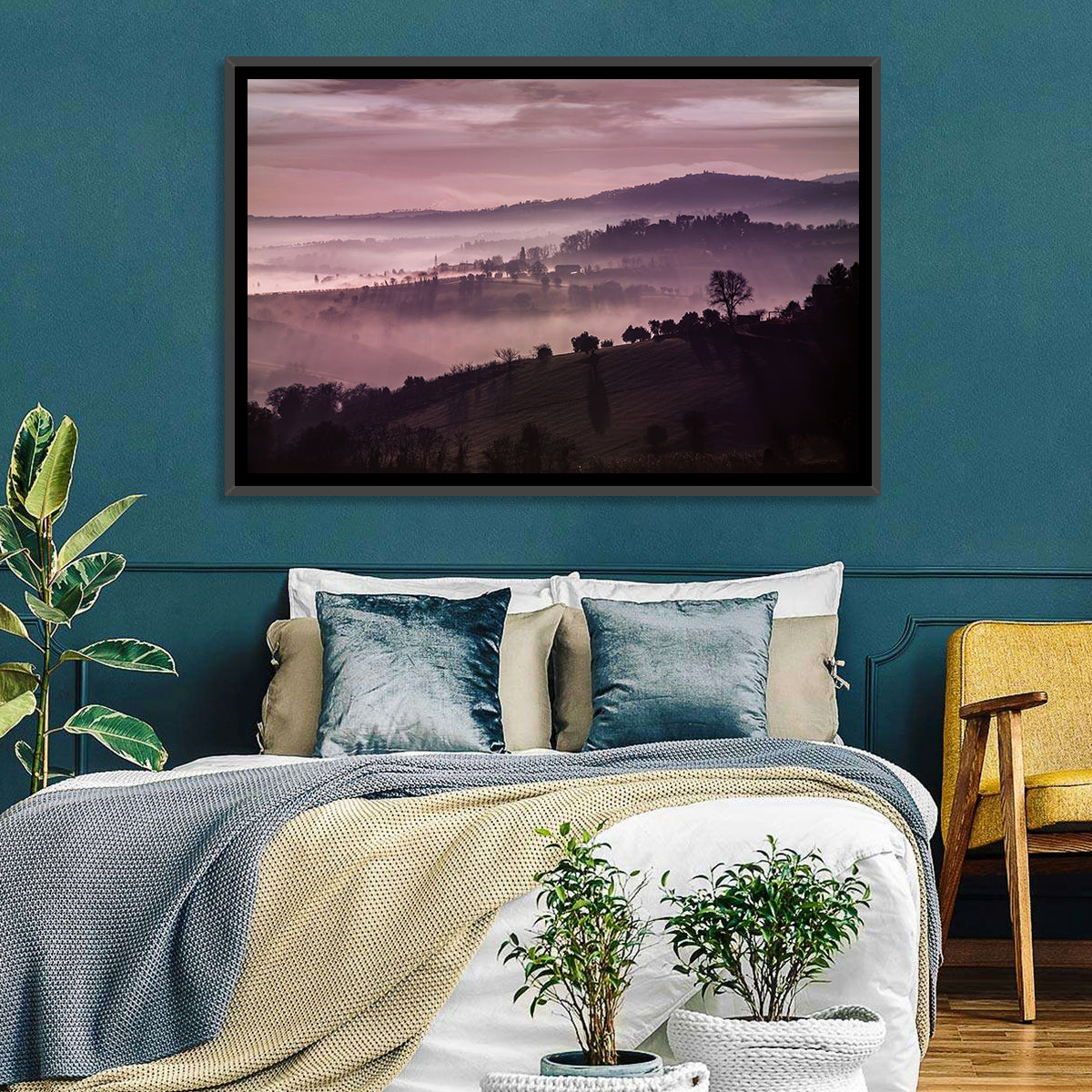 Misty Lavender Hills Wall Art in a room, landscape