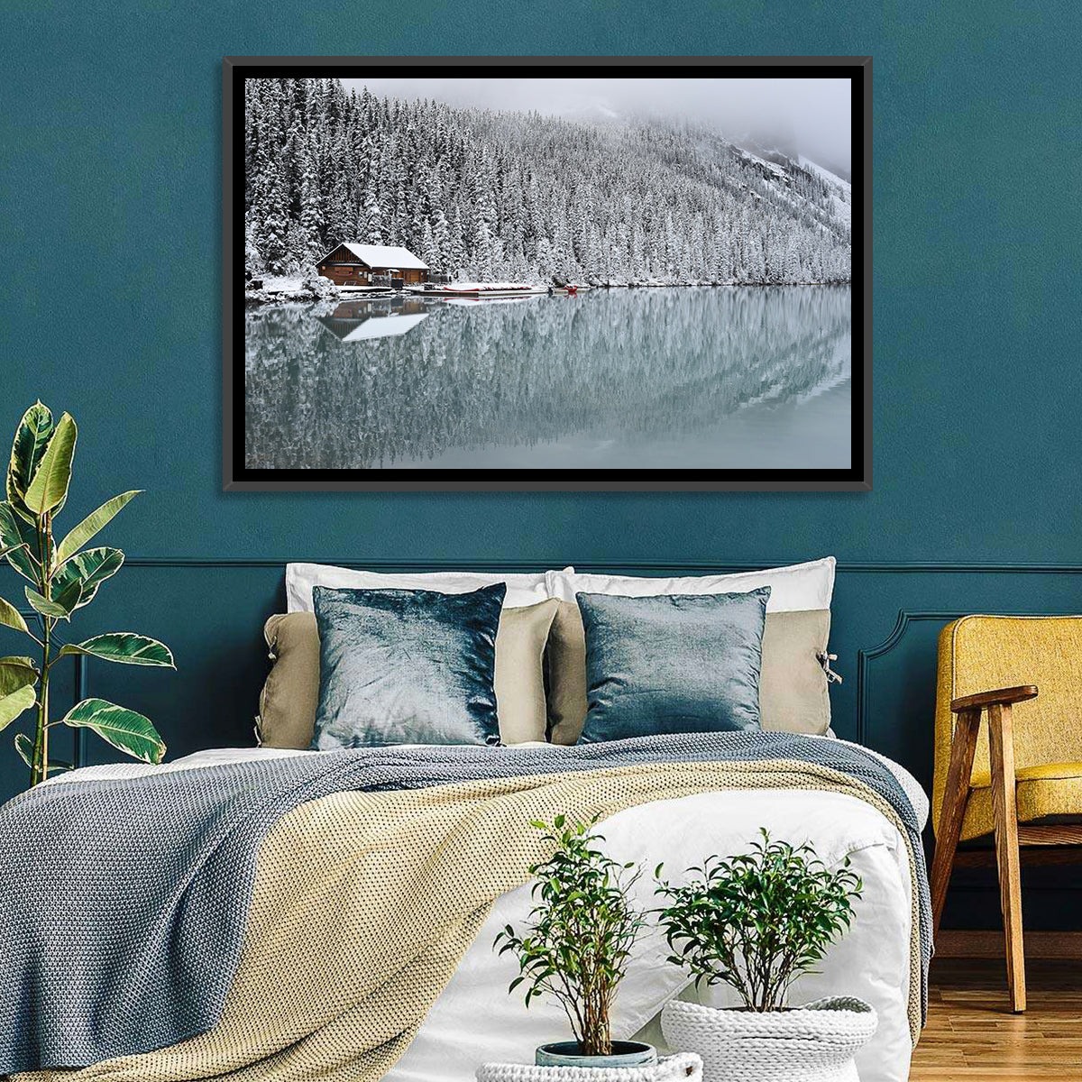 Lake Louise Winter Reflection Wall Art in a room, landscape