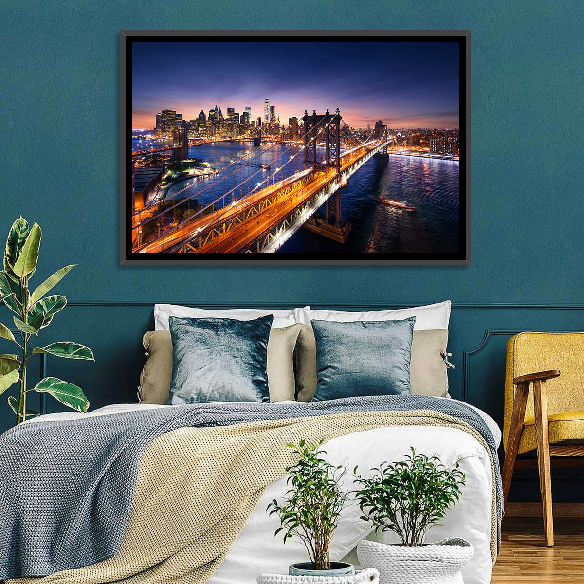 Sunset Over Manhattan Bridges Wall Art in a room, landscape