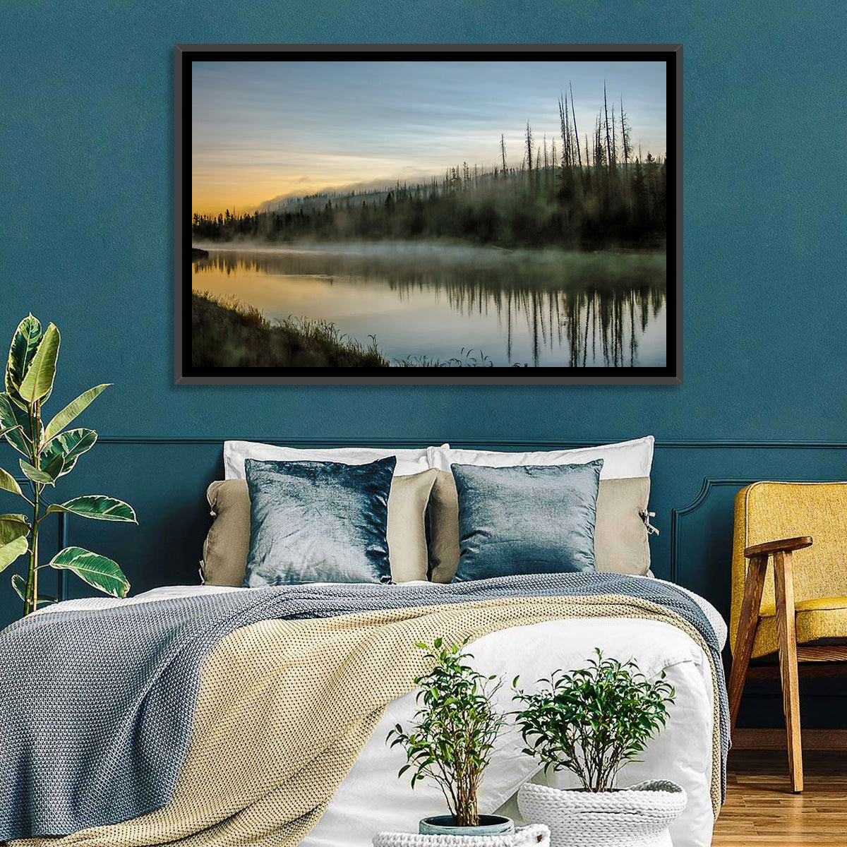Yellowstone River Morning Mist Wall Art in a room, landscape