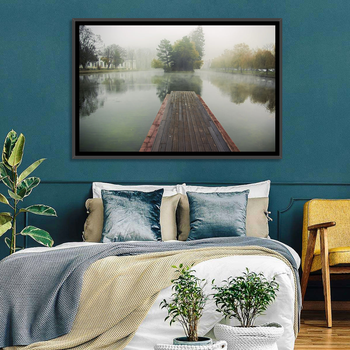 Wooden Pier on Foggy Lake Wall Art in a room, landscape