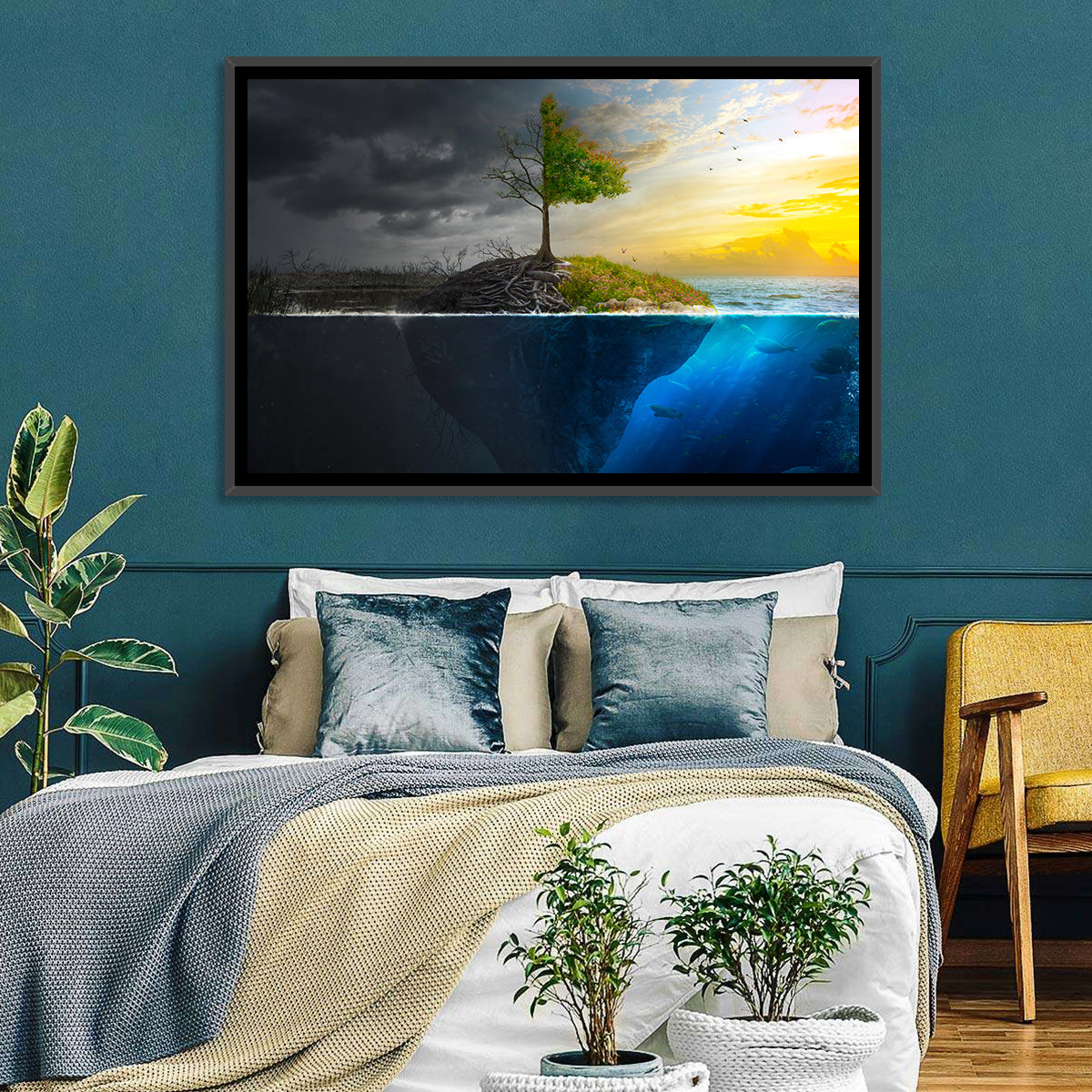 Split Island Tree of Duality Wall Art in a room, landscape