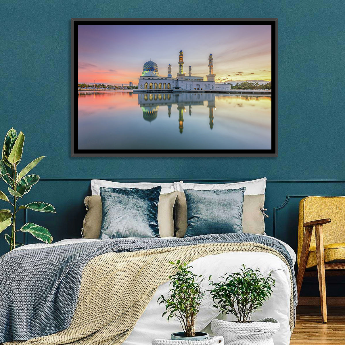 Kota Kinabalu City Mosque at Sunrise Wall Art in a room, landscape