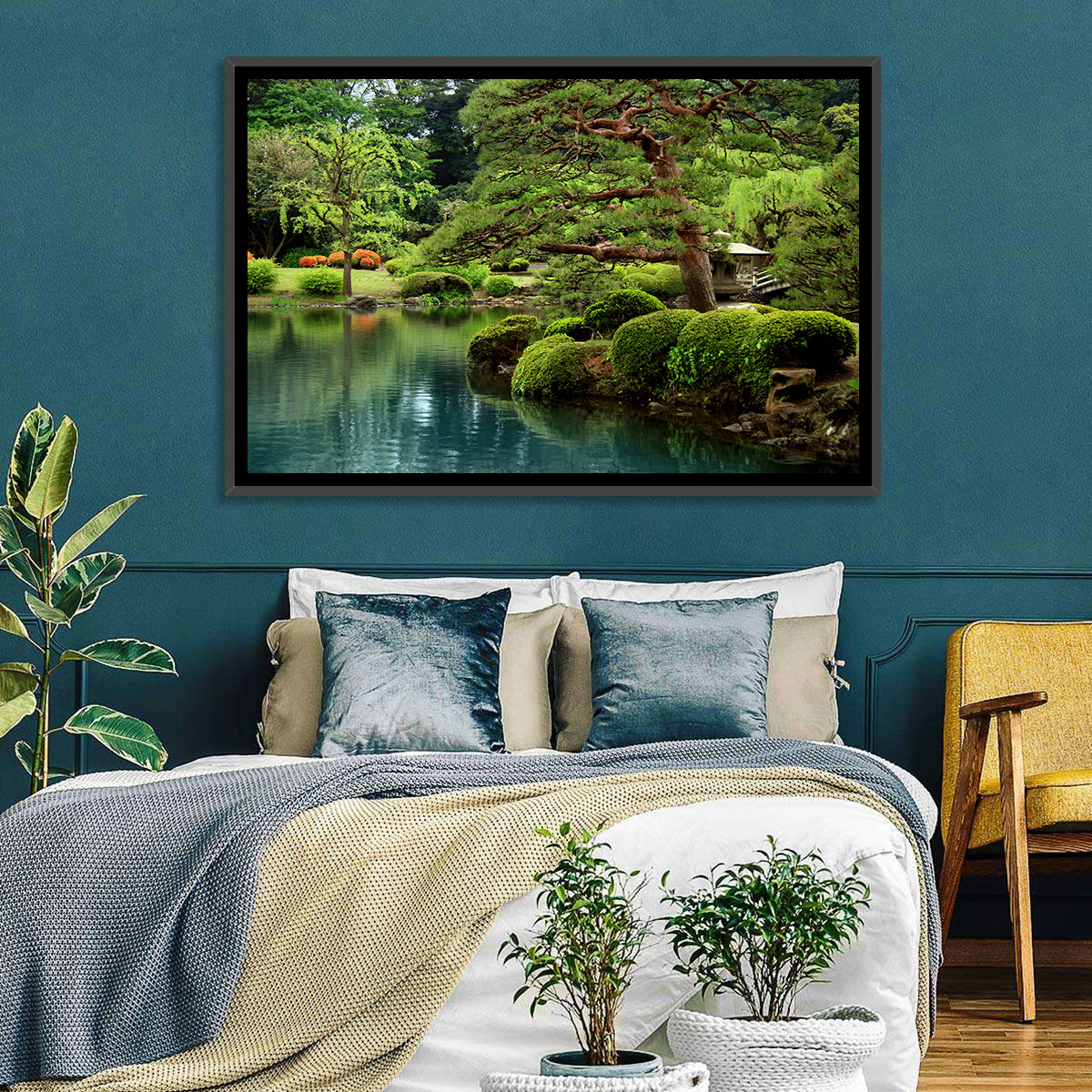 Bonsai Pine Over Tranquil Pond Wall Art in a room, landscape