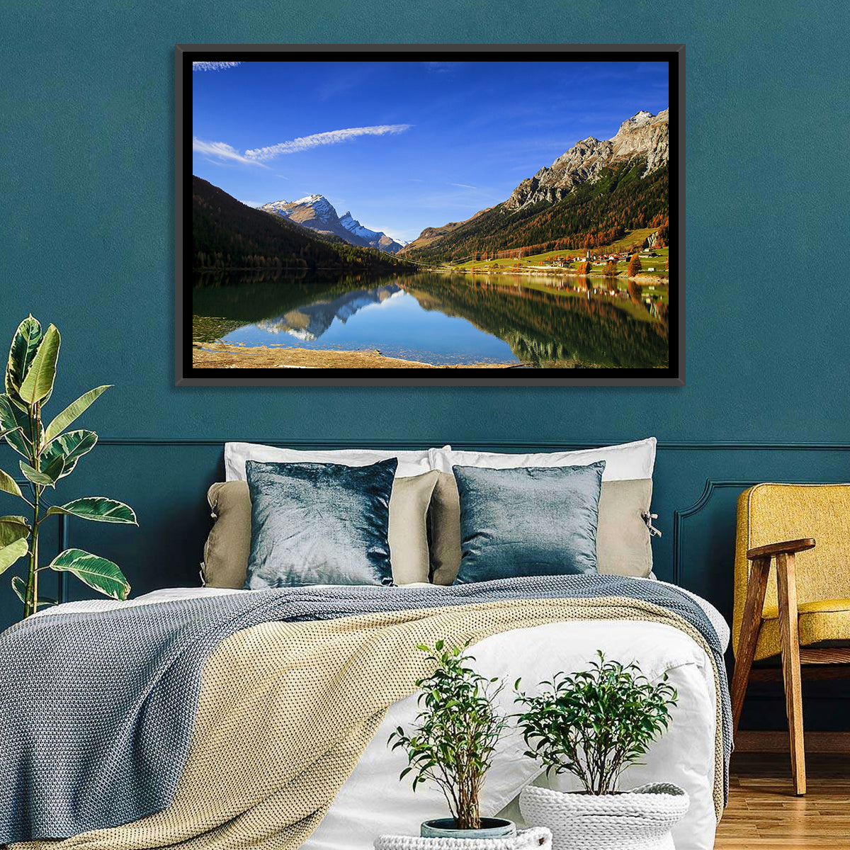 Lake Sils Morning Reflection Wall Art in a room, landscape
