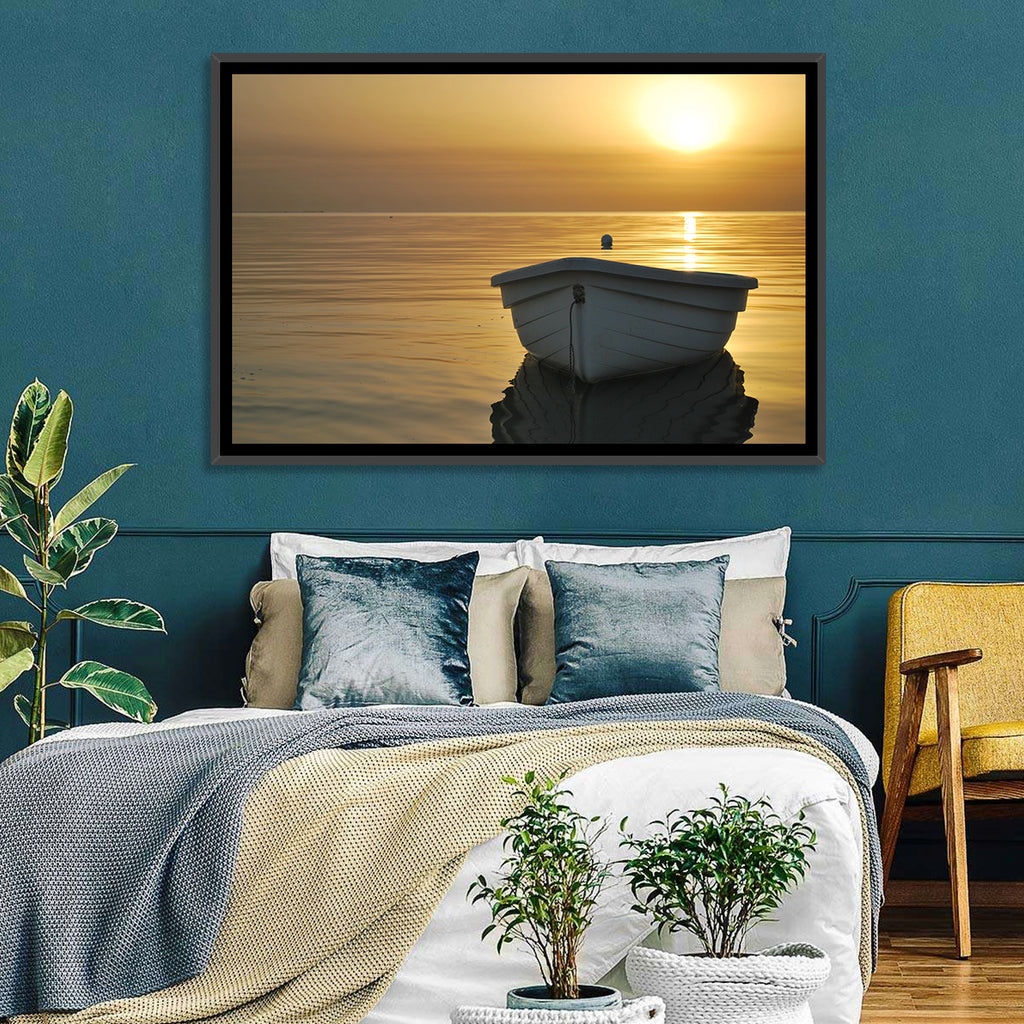 White Rowboat on Golden Sea Wall Art