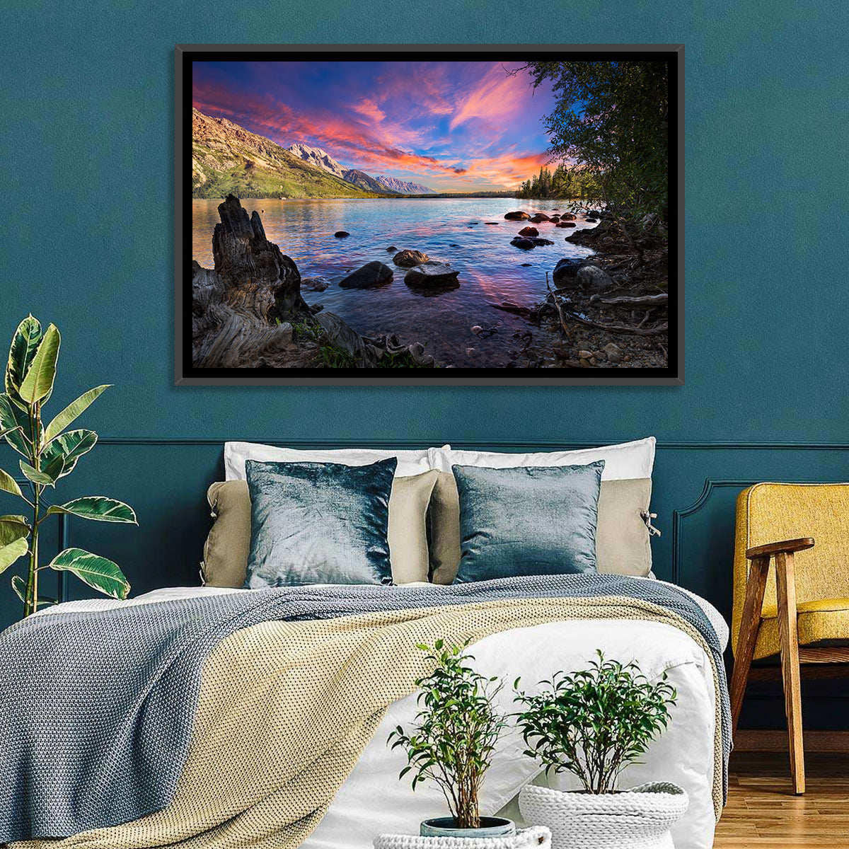 Jenny Lake Sunset Wall Art in a room, landscape
