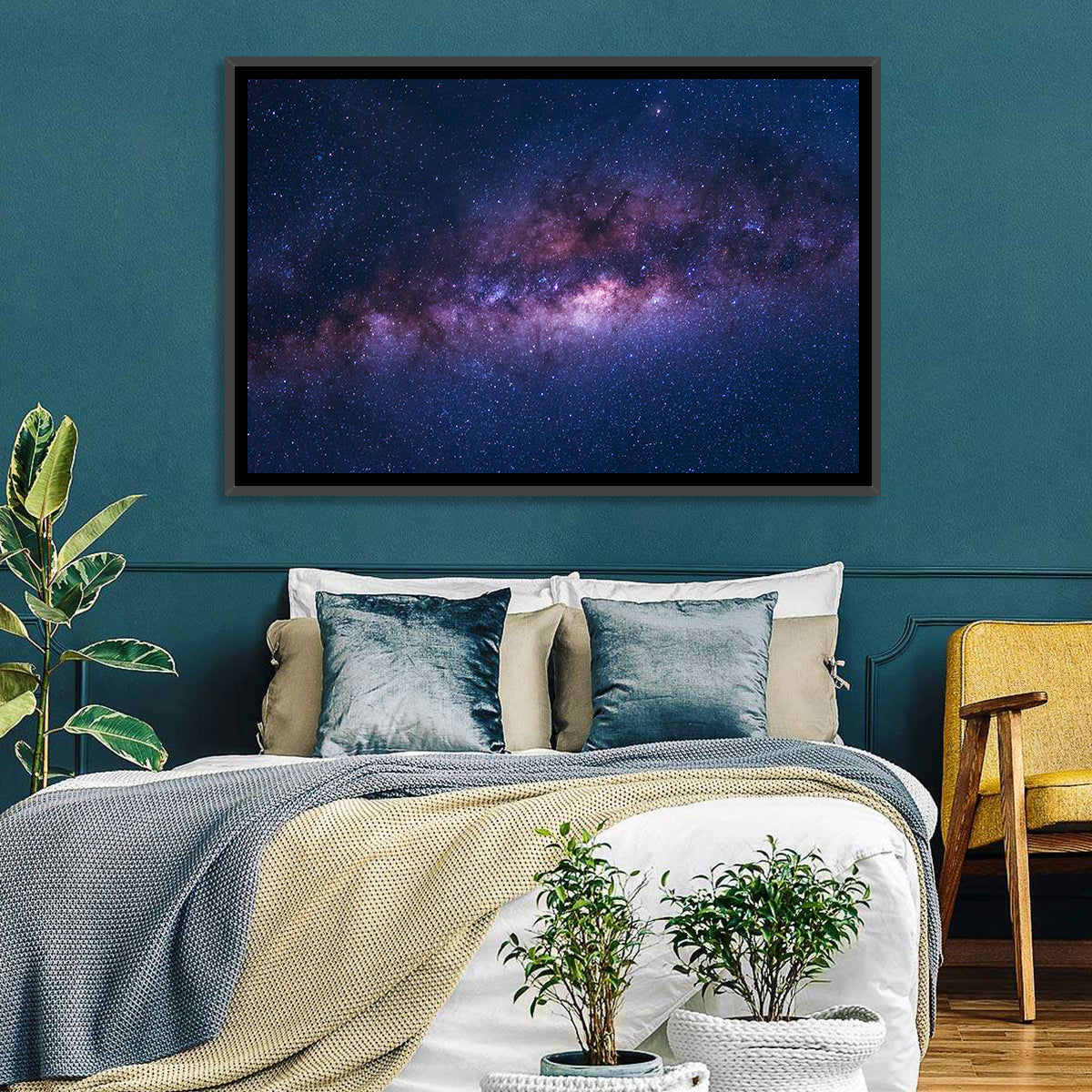 Violet Blue Milky Way Galaxy Wall Art in a room, landscape