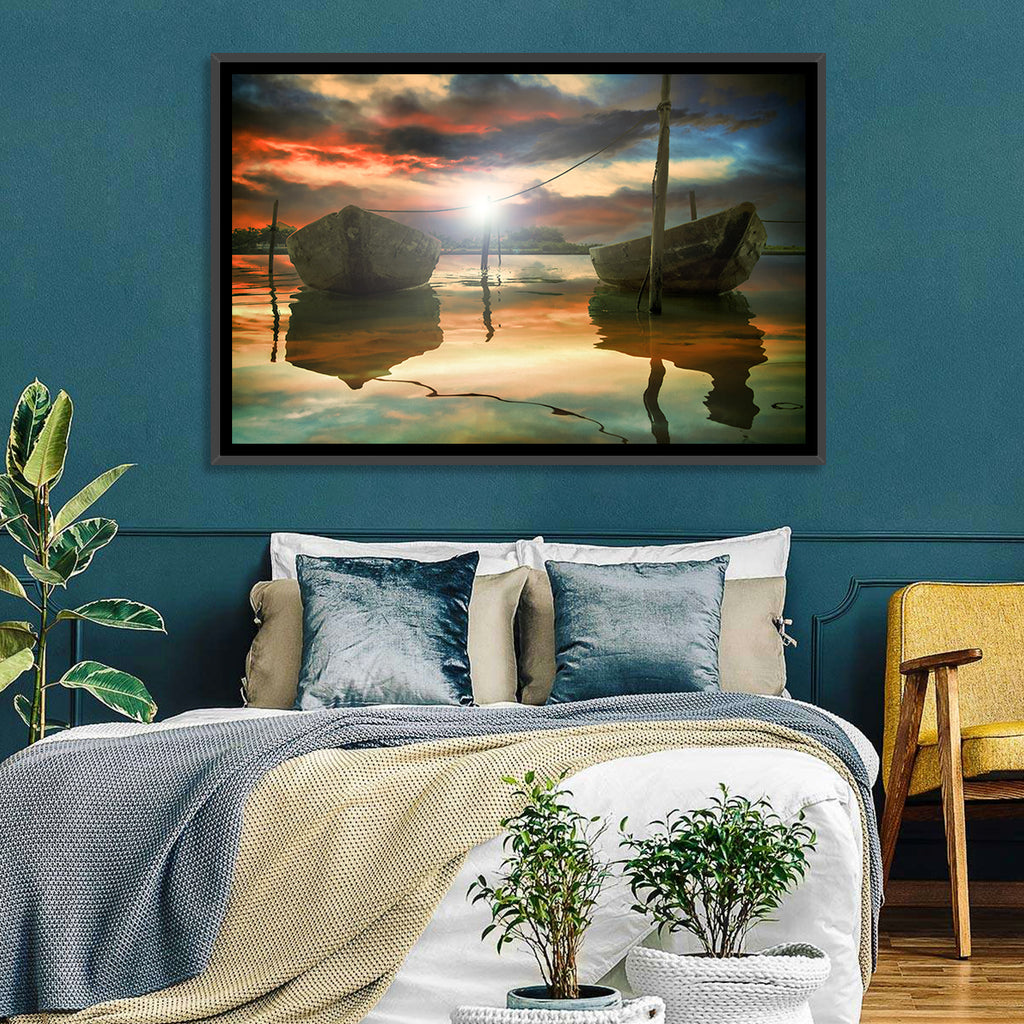 Two Wooden Boats at Sunset Wall Art
