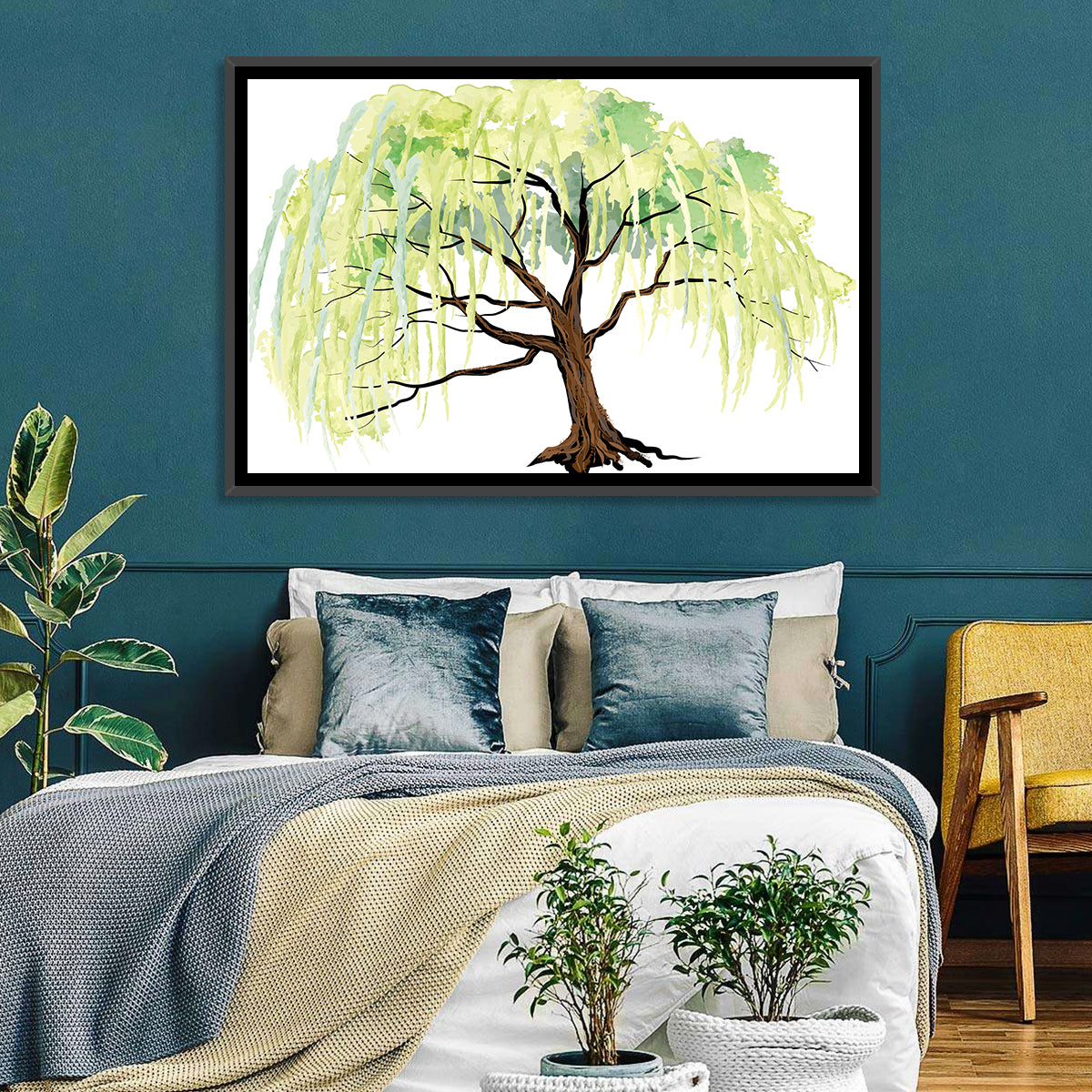 Weeping Willow Watercolor Sketch Wall Art in a room, landscape
