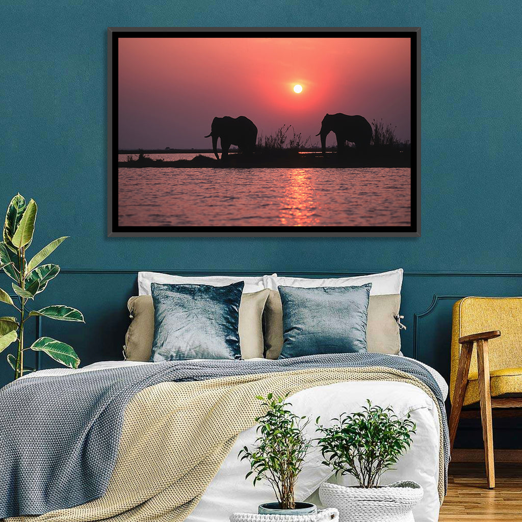 Elephants at Sunset Silhouette Wall Art