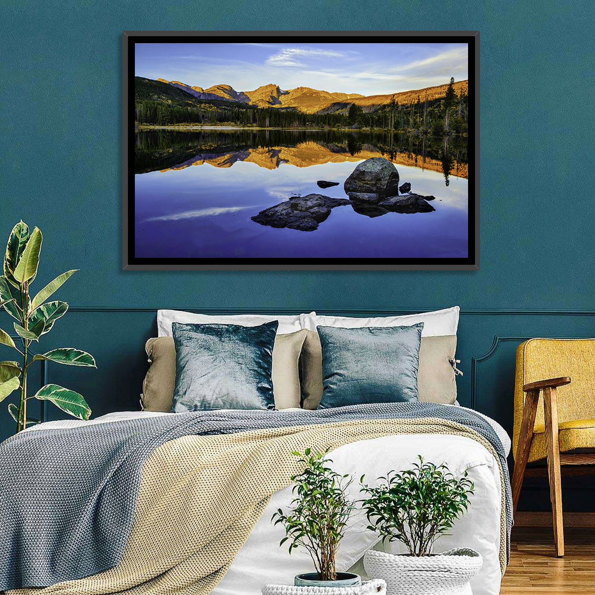 Sprague Lake Sunrise Reflection Wall Art in a room, landscape