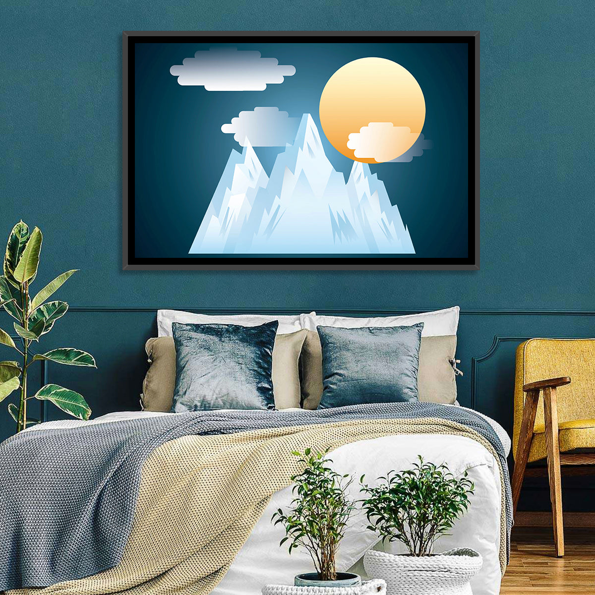 Geometric Snowy Mountain with Golden Sun Wall Art in a room, landscape