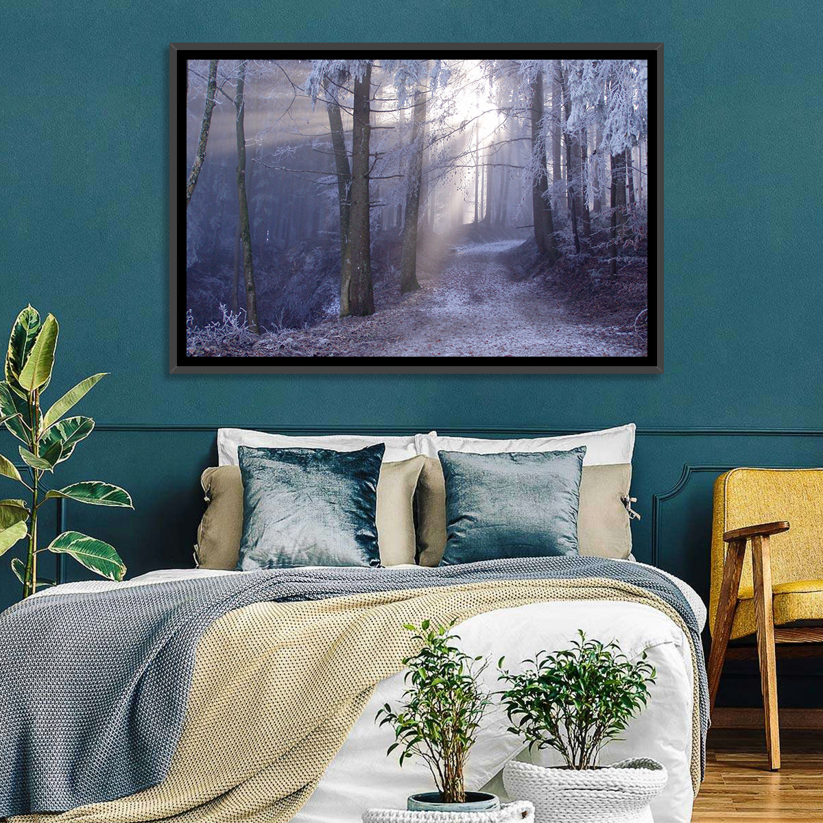 Frosted Forest Path at Dawn Wall Art in a room, landscape