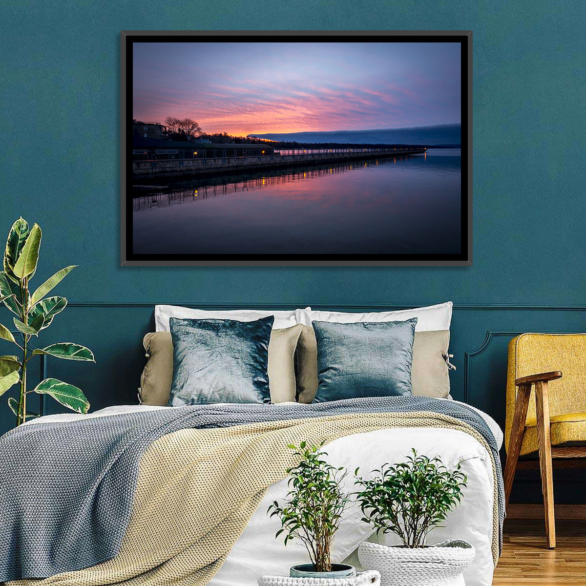 Skaneateles Lake Pier at Dusk Wall Art in a room, landscape