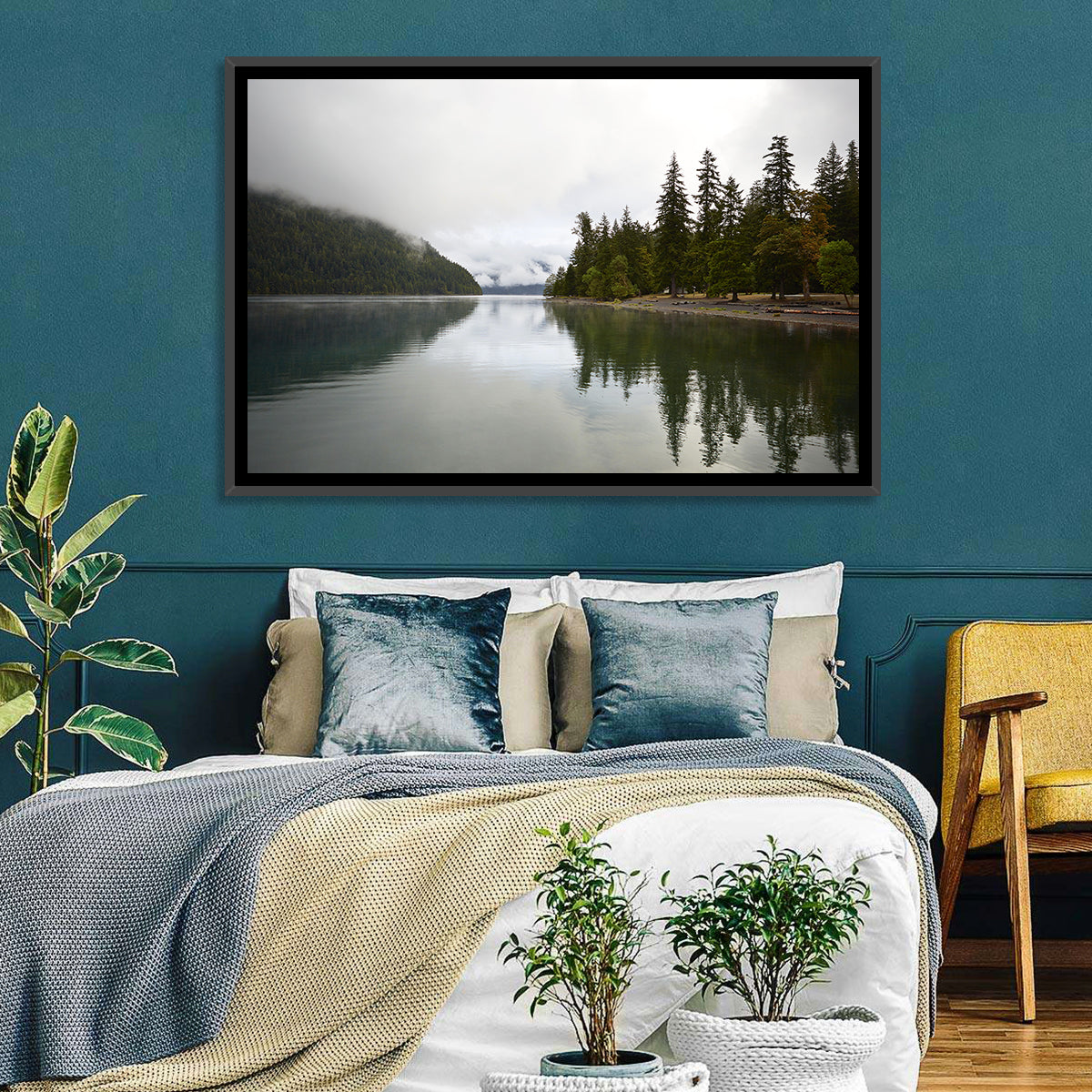Foggy Lake Crescent Reflection Wall Art in a room, landscape