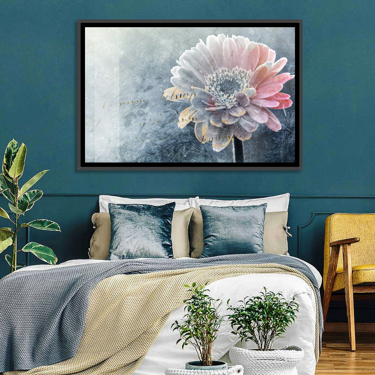 Winter Gerbera with Golden Script Wall Art in a room, landscape