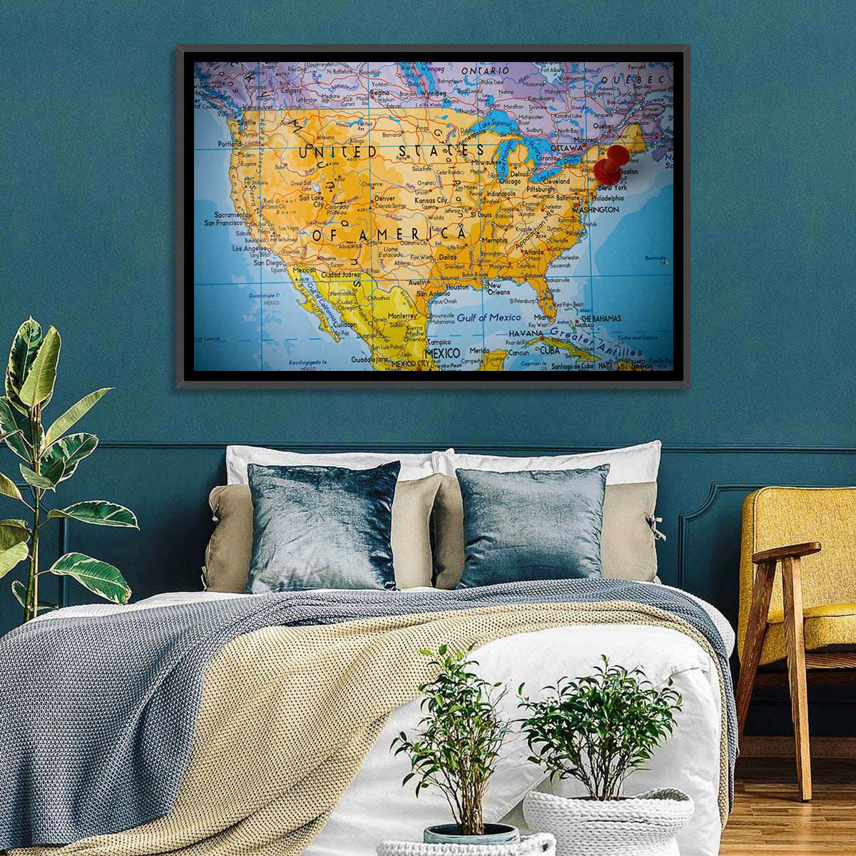 Vintage USA Map with Northeastern Pushpin Wall Art